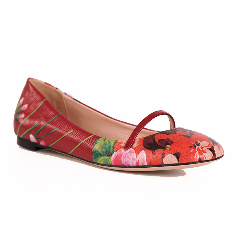 sz 37 NEW $695 GUCCI Shanghai Red Leather FLORAL BLOOMS Classic BALLET FLATS NIB