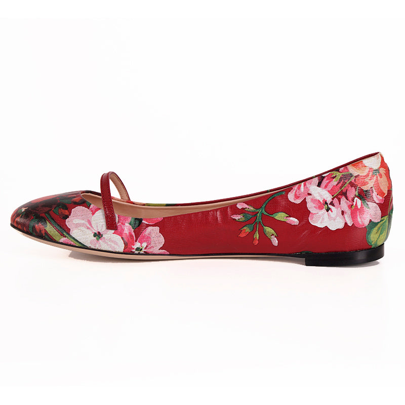 sz 37 NEW $695 GUCCI Shanghai Red Leather FLORAL BLOOMS Classic BALLET FLATS NIB