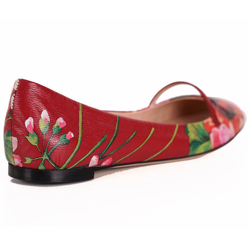 sz 37 NEW $695 GUCCI Shanghai Red Leather FLORAL BLOOMS Classic BALLET FLATS NIB