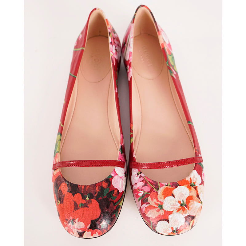 sz 37 NEW $695 GUCCI Shanghai Red Leather FLORAL BLOOMS Classic BALLET FLATS NIB