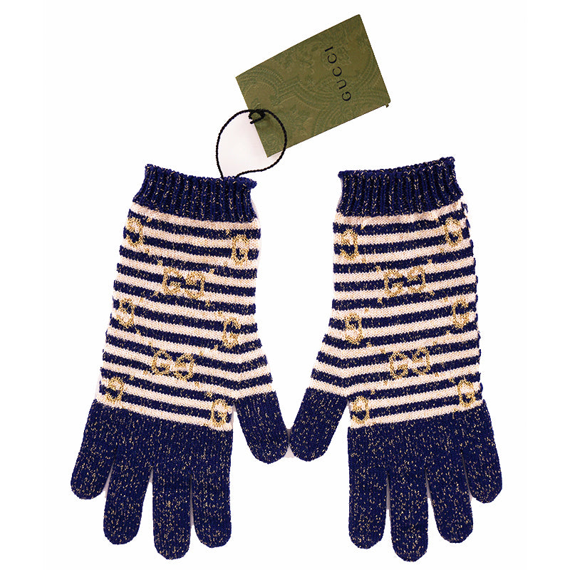 NEW $395 GUCCI Navy Blue & Ivory White Striped Wool Blend GOLD GG Logo GLOVES