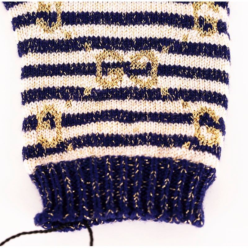 NEW $395 GUCCI Navy Blue & Ivory White Striped Wool Blend GOLD GG Logo GLOVES