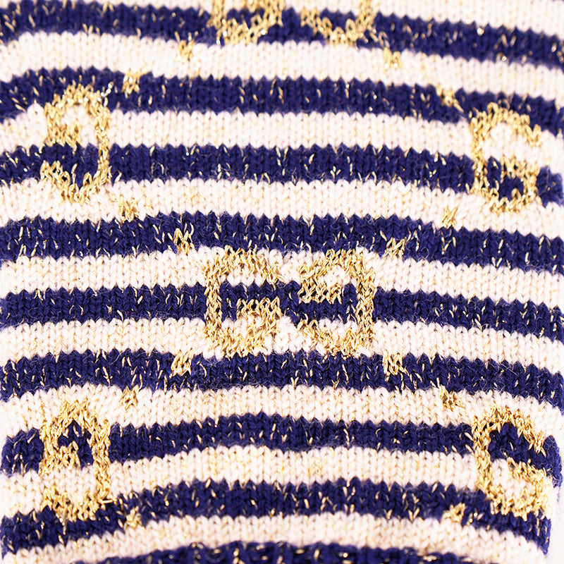 NEW $395 GUCCI Navy Blue & Ivory White Striped Wool Blend GOLD GG Logo GLOVES