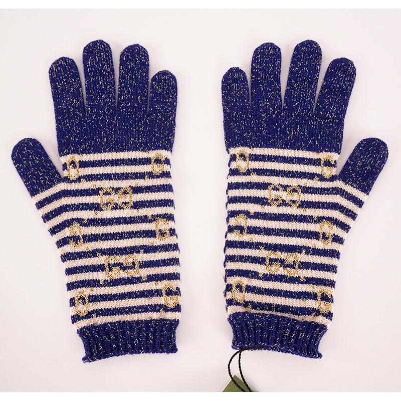 NEW $395 GUCCI Navy Blue & Ivory White Striped Wool Blend GOLD GG Logo GLOVES