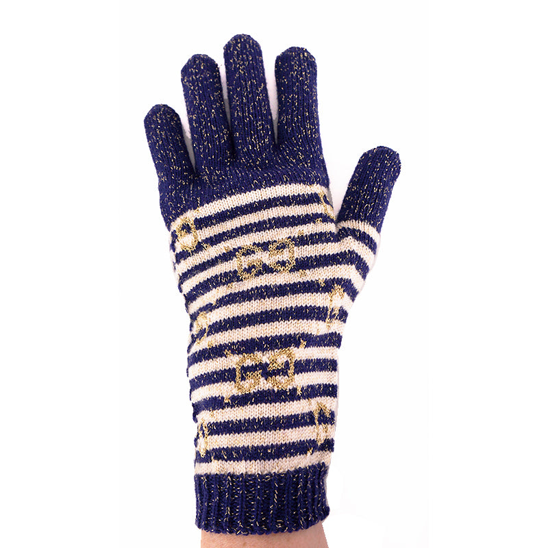 NEW $395 GUCCI Navy Blue & Ivory White Striped Wool Blend GOLD GG Logo GLOVES
