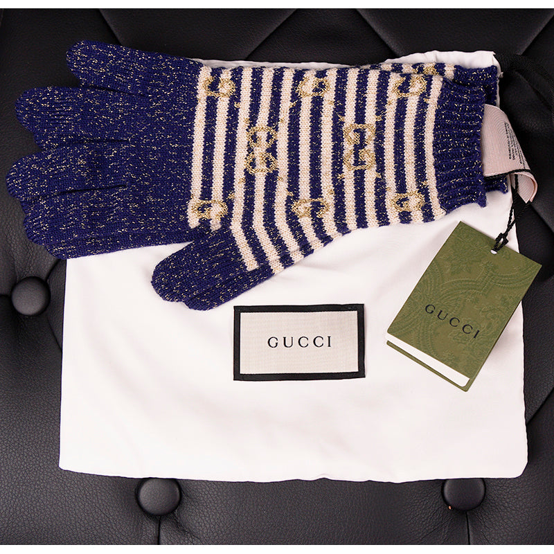 NEW $395 GUCCI Navy Blue & Ivory White Striped Wool Blend GOLD GG Logo GLOVES