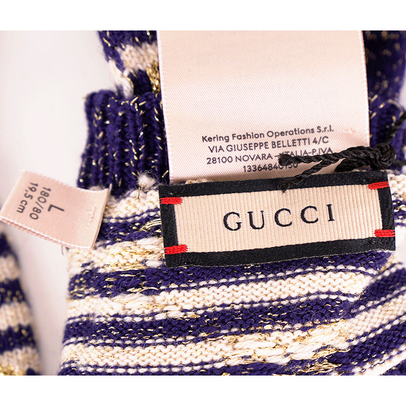NEW $395 GUCCI Navy Blue & Ivory White Striped Wool Blend GOLD GG Logo GLOVES