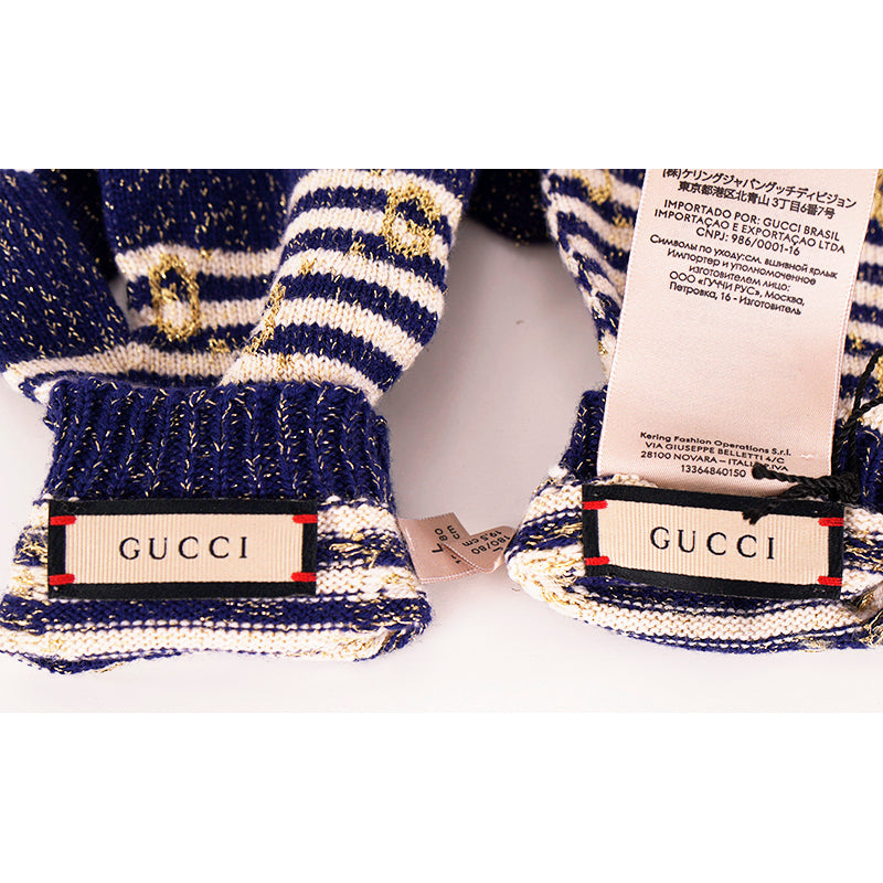 NEW $395 GUCCI Navy Blue & Ivory White Striped Wool Blend GOLD GG Logo GLOVES