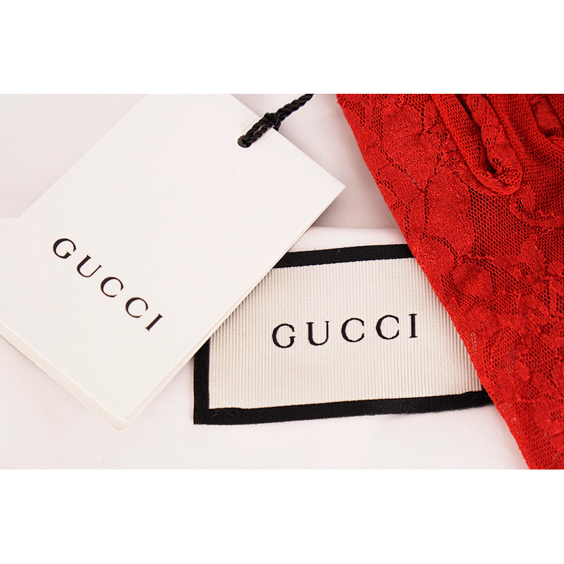 sz 8 NEW $340 GUCCI Woman Runway Red SHEER LACE FLORAL Tulle Stretch Long GLOVES