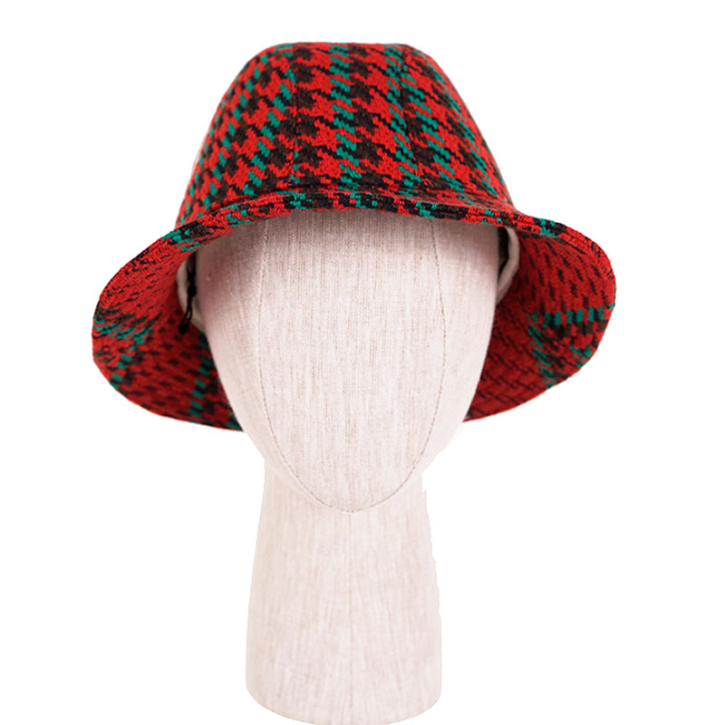 sz M NEW $790 GUCCI Red & Green WOOL HOUNDSTOOTH Large GG Logo Fedora Bucket HAT