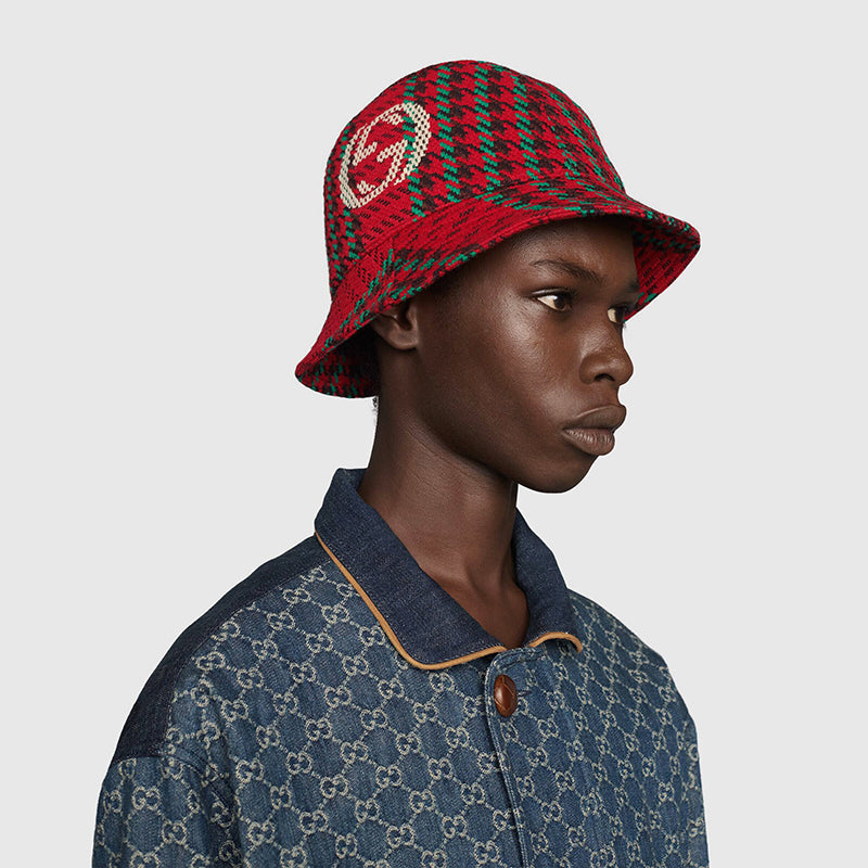 sz M NEW $790 GUCCI Red & Green WOOL HOUNDSTOOTH Large GG Logo Fedora Bucket HAT