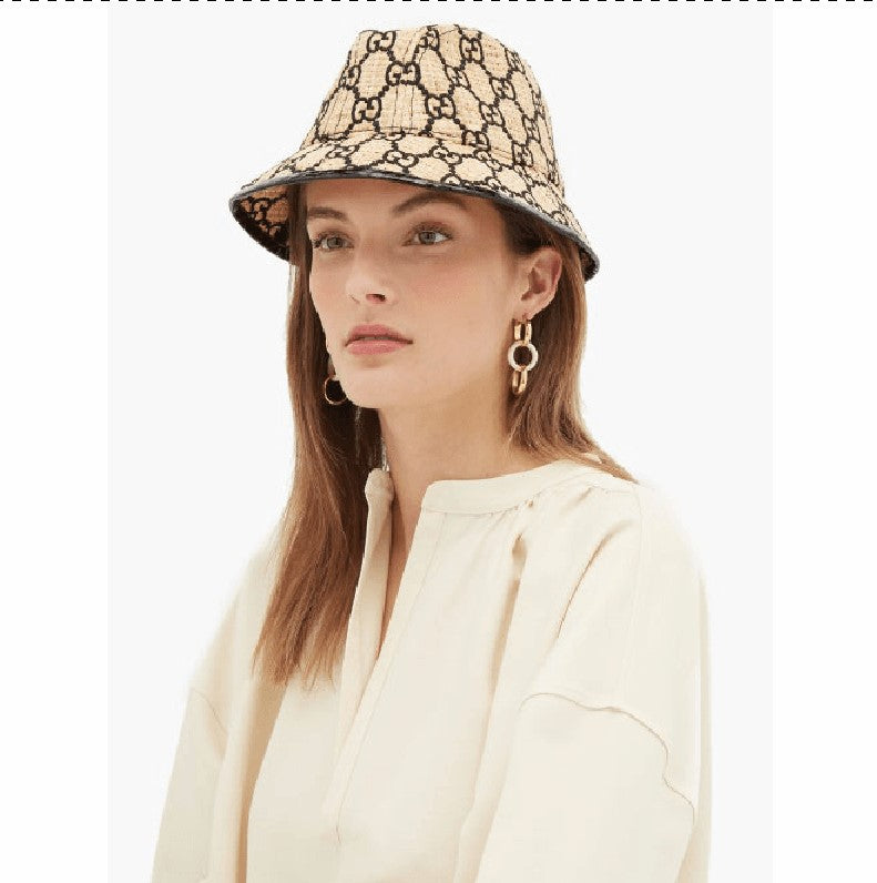 L NEW $750 GUCCI Natural Raffia Straw Black Embroidered GG Logo FEDORA HAT NIB