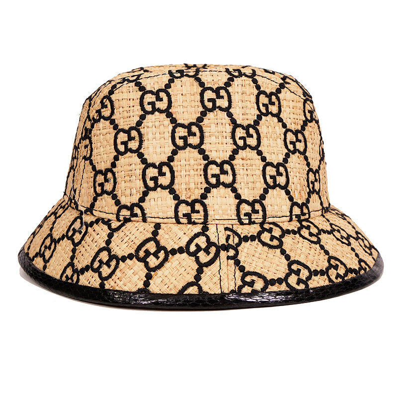 L NEW $750 GUCCI Natural Raffia Straw Black Embroidered GG Logo FEDORA HAT NIB