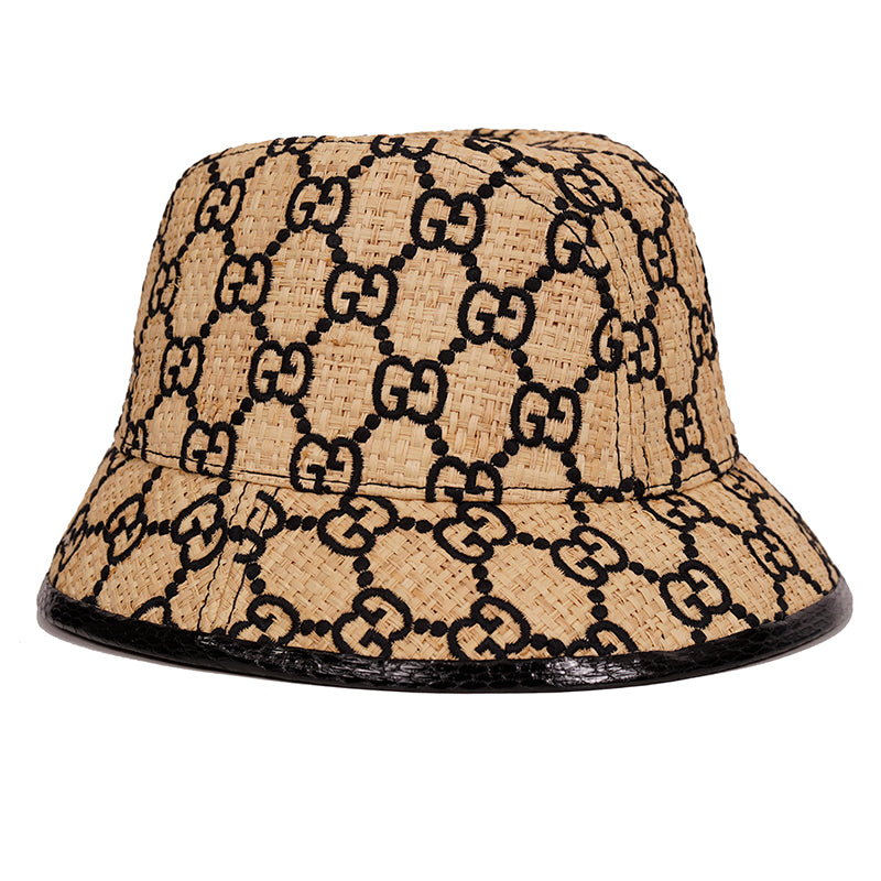 L NEW $750 GUCCI Natural Raffia Straw Black Embroidered GG Logo FEDORA HAT NIB