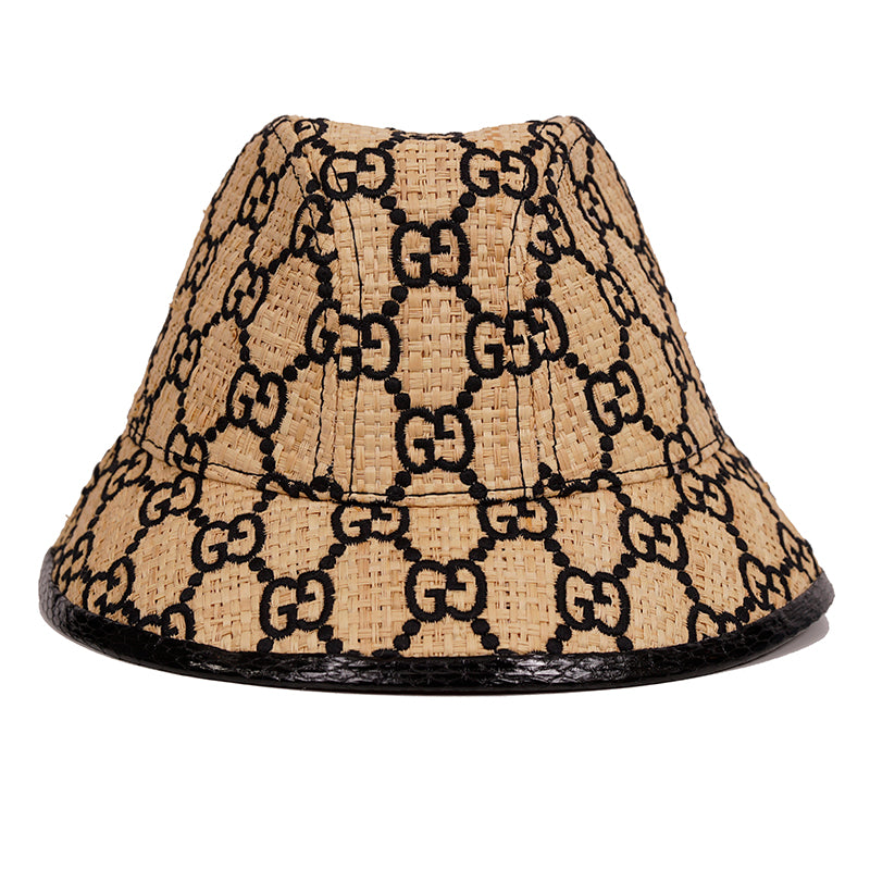 L NEW $750 GUCCI Natural Raffia Straw Black Embroidered GG Logo FEDORA HAT NIB