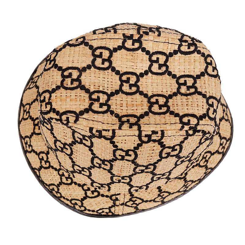 L NEW $750 GUCCI Natural Raffia Straw Black Embroidered GG Logo FEDORA HAT NIB