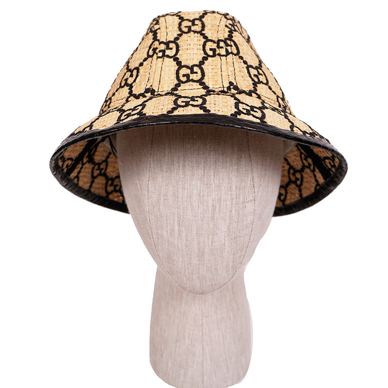 L NEW $750 GUCCI Natural Raffia Straw Black Embroidered GG Logo FEDORA HAT NIB