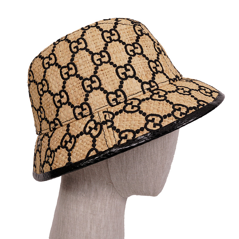 L NEW $750 GUCCI Natural Raffia Straw Black Embroidered GG Logo FEDORA HAT NIB