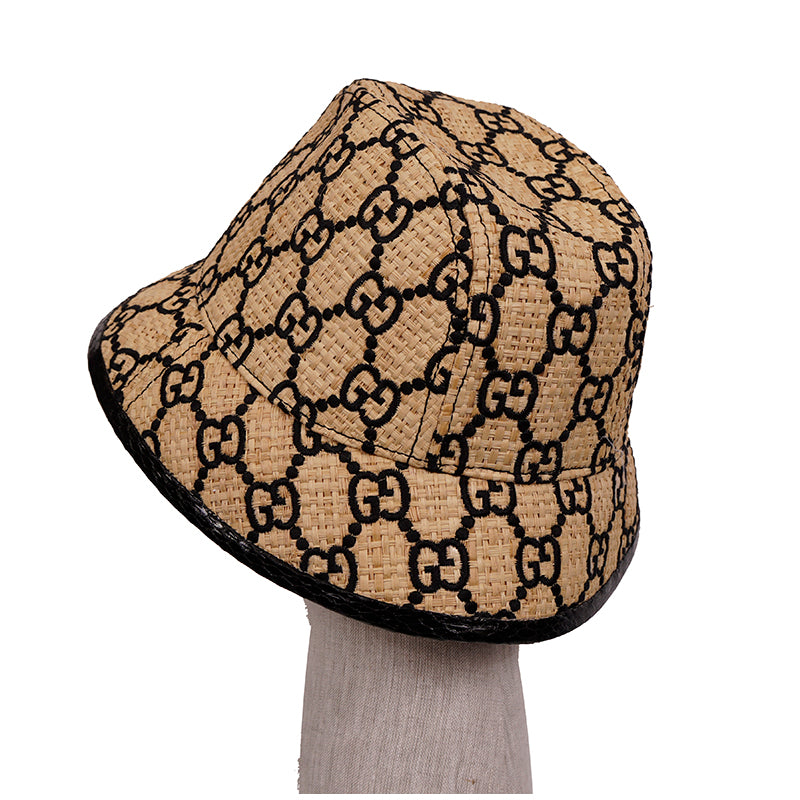 L NEW $750 GUCCI Natural Raffia Straw Black Embroidered GG Logo FEDORA HAT NIB