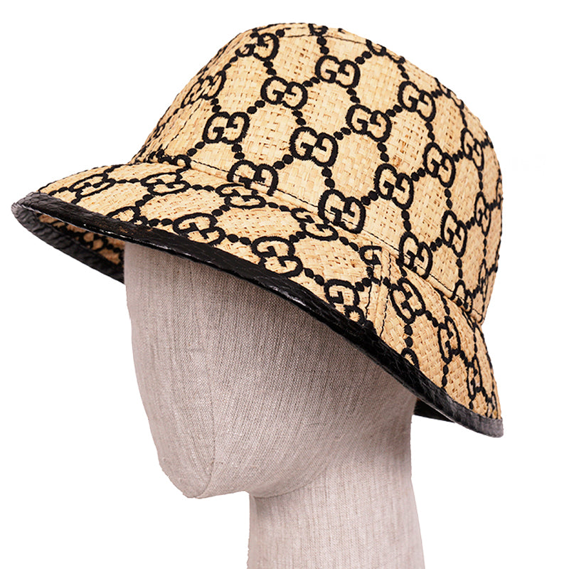 L NEW $750 GUCCI Natural Raffia Straw Black Embroidered GG Logo FEDORA HAT NIB