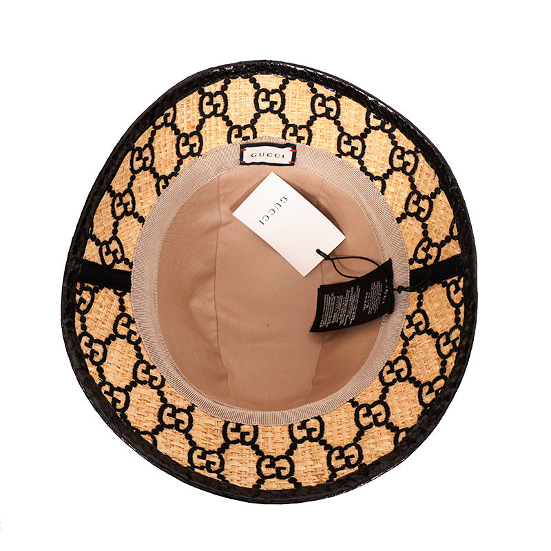 L NEW $750 GUCCI Natural Raffia Straw Black Embroidered GG Logo FEDORA HAT NIB
