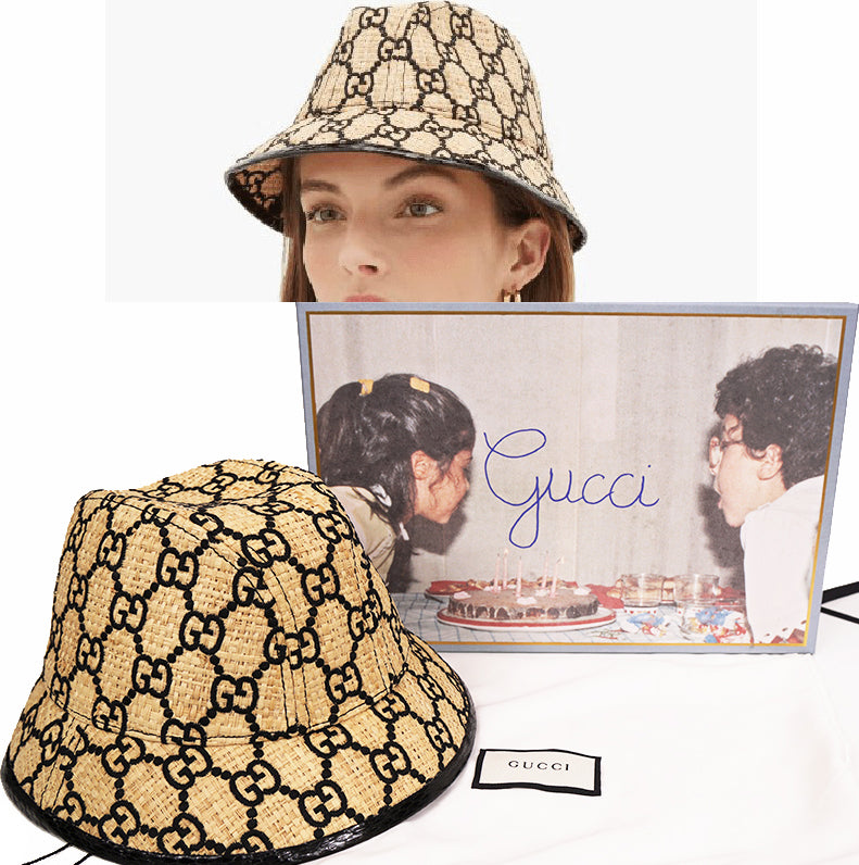 L NEW $750 GUCCI Natural Raffia Straw Black Embroidered GG Logo FEDORA HAT NIB