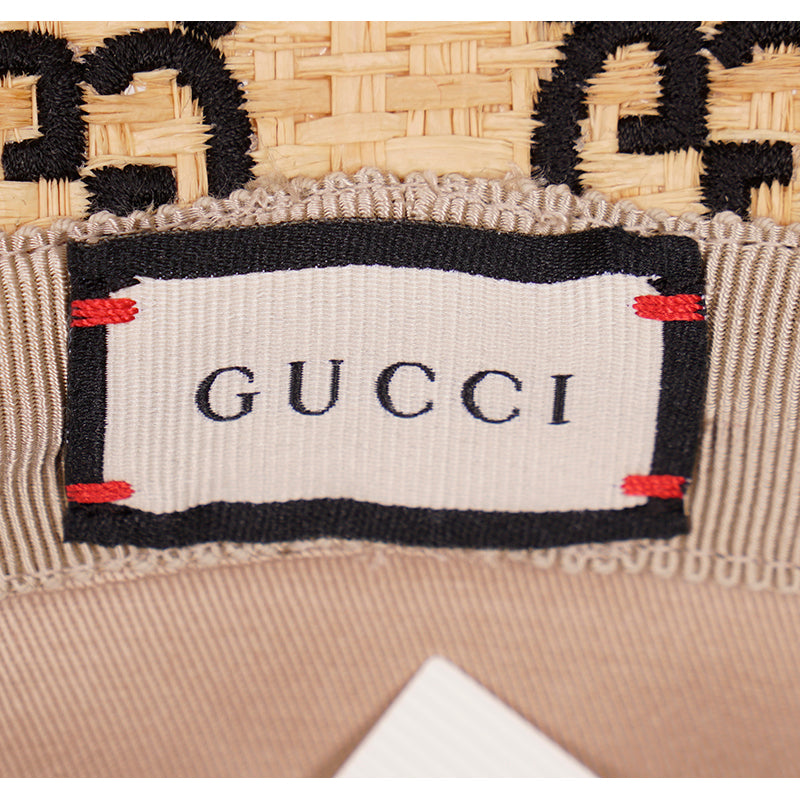 L NEW $750 GUCCI Natural Raffia Straw Black Embroidered GG Logo FEDORA HAT NIB