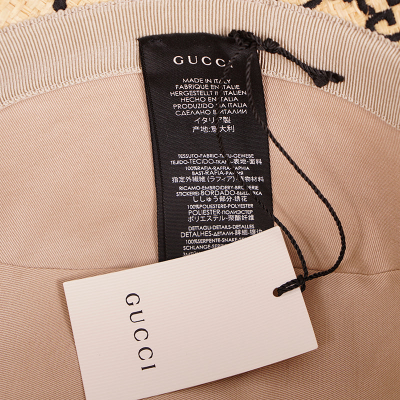 L NEW $750 GUCCI Natural Raffia Straw Black Embroidered GG Logo FEDORA HAT NIB