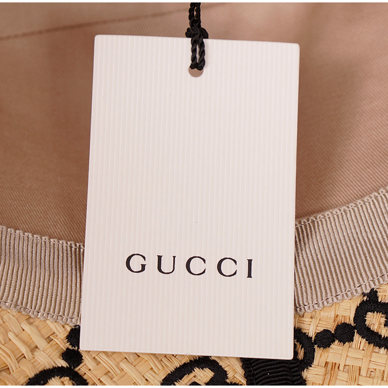 L NEW $750 GUCCI Natural Raffia Straw Black Embroidered GG Logo FEDORA HAT NIB