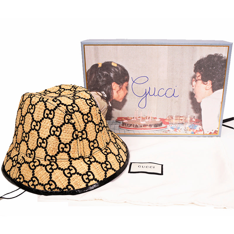 L NEW $750 GUCCI Natural Raffia Straw Black Embroidered GG Logo FEDORA HAT NIB