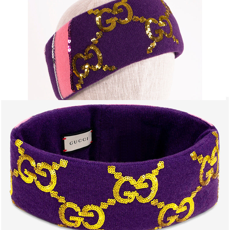 sz M NEW $590 GUCCI Violet Purple GOLD SEQUIN GG LOGO Wide Padded WOOL HEADBAND