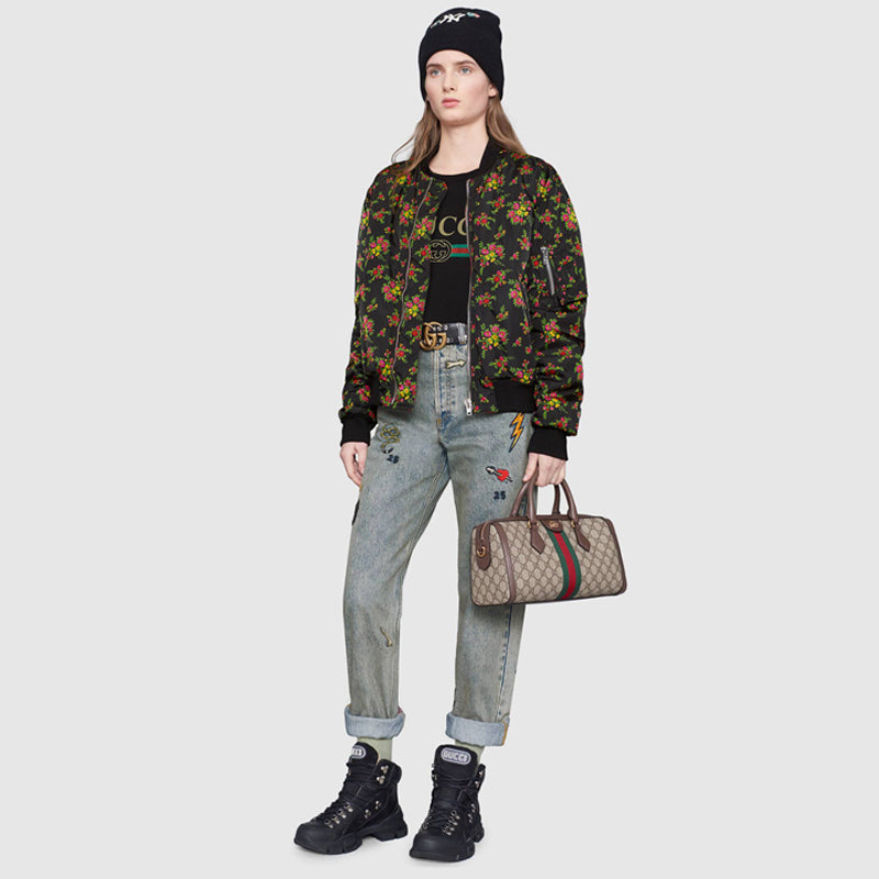 sz 40 $2800 GUCCI RUNWAY Black BOUQUETS FLORAL PRINT Nylon Spring BOMBER JACKET