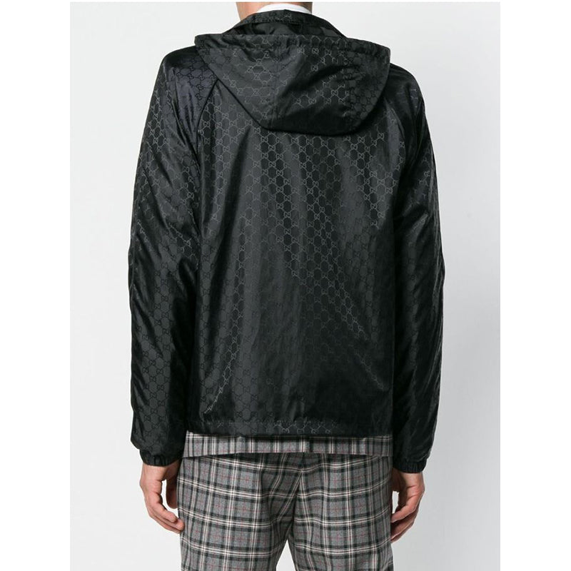 sz 54 NEW $1900 GUCCI Men's Black GG Jacquard WINDBREAKER JACKET Detachable HOO