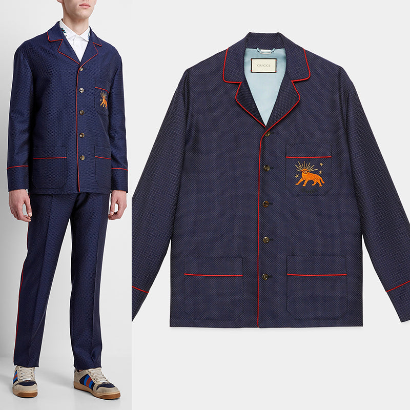 sz 50 NEW $2500 GUCCI Men's Blue WOOL Dots FELINE CAT EMBROIDERY Blazer JACKET