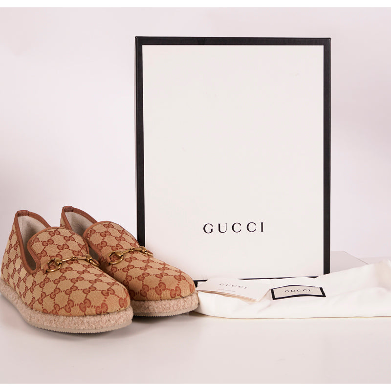 9G US 9.5 NEW $640 GUCCI Men's Fria GG Tan Canvas ESPADRILLES HORSEBIT LOAFERS