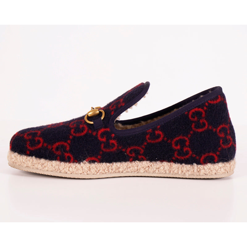 sz 37.5 NEW $790 GUCCI Blue RED GG LOGO PRINT Wool FRIA HORSEBIT LOAFERS Flats NIB