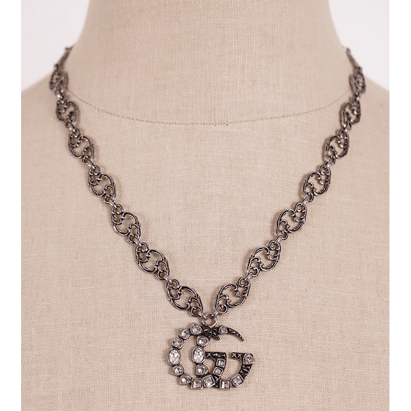 NEW $1190 GUCCI Aged Palladium CRYSTAL DOUBLE GG Silver Aged Finish NECKLACE NIB
