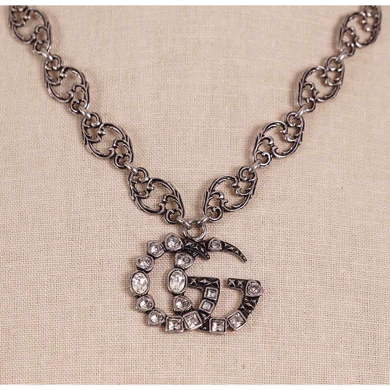 NEW $1190 GUCCI Aged Palladium CRYSTAL DOUBLE GG Silver Aged Finish NECKLACE NIB