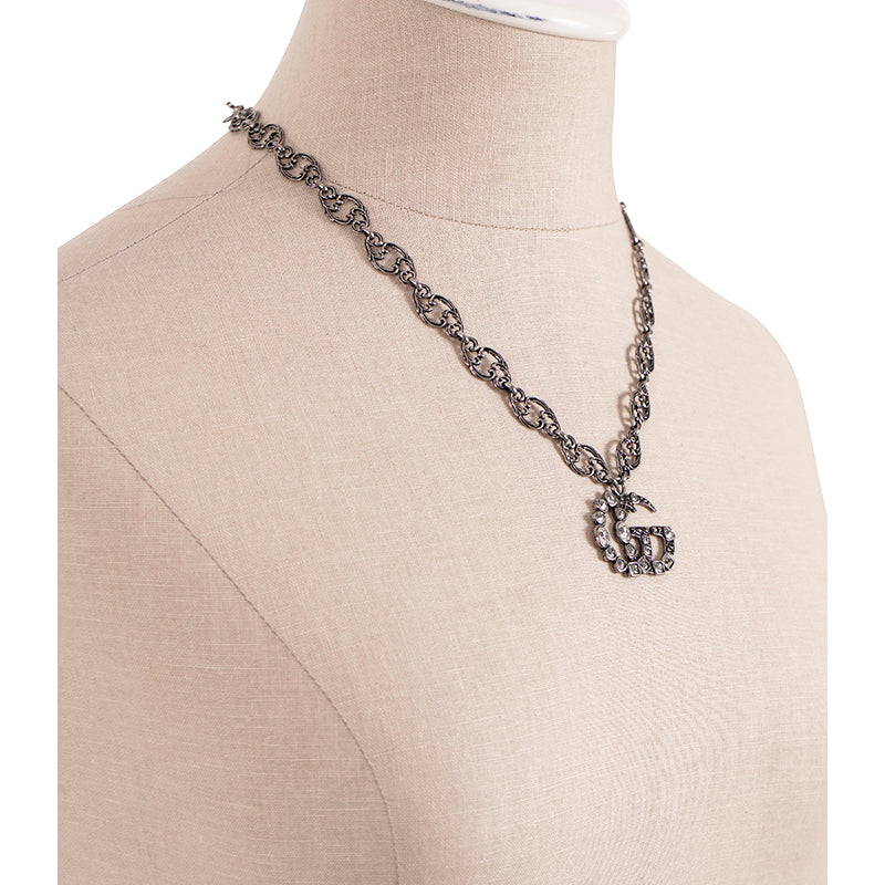 NEW $1190 GUCCI Aged Palladium CRYSTAL DOUBLE GG Silver Aged Finish NECKLACE NIB