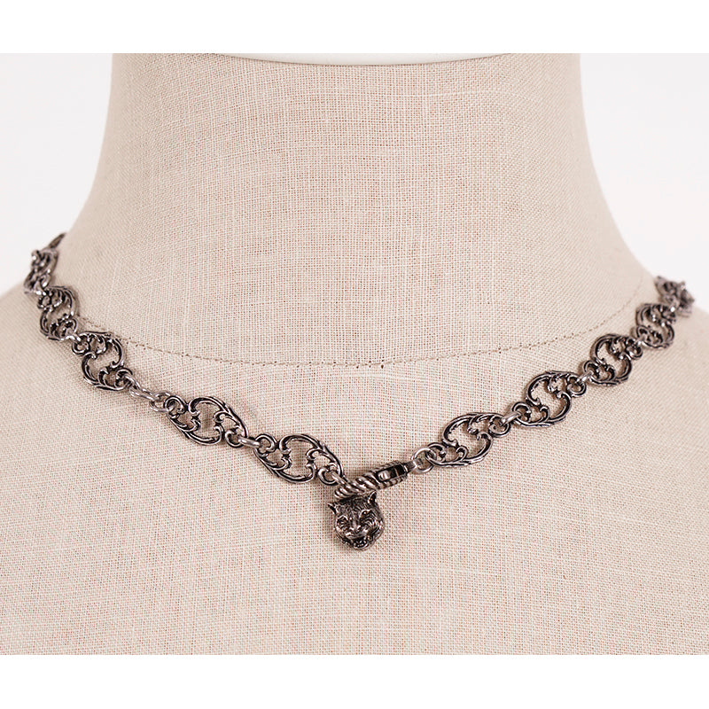 NEW $1190 GUCCI Aged Palladium CRYSTAL DOUBLE GG Silver Aged Finish NECKLACE NIB