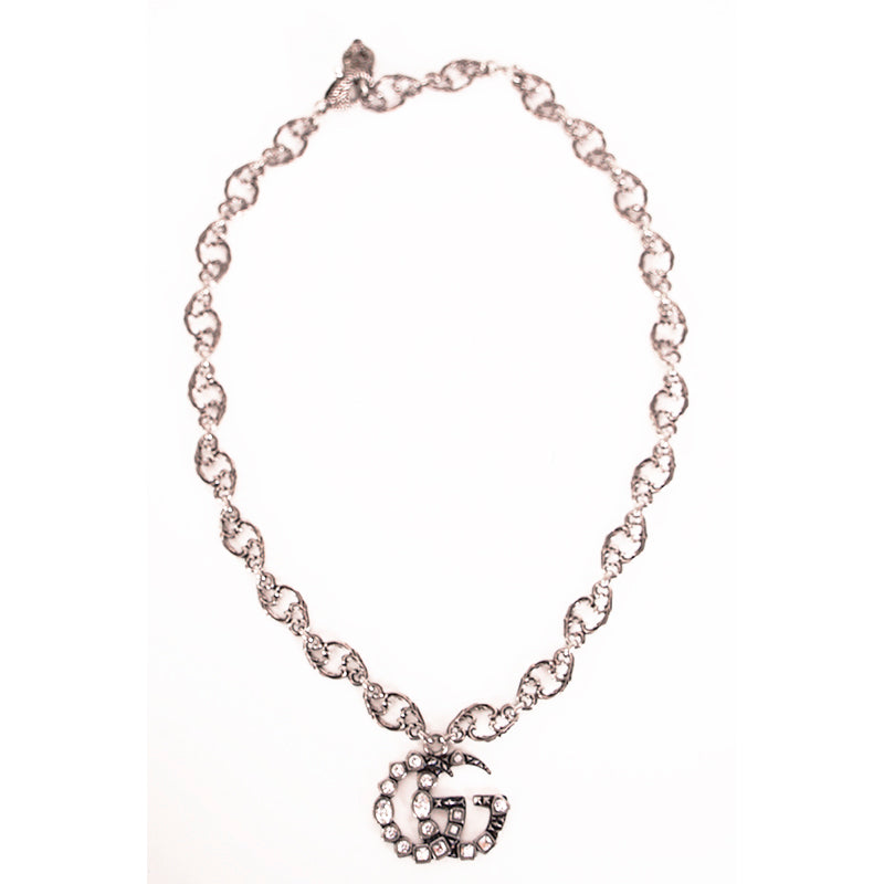 NEW $1190 GUCCI Aged Palladium CRYSTAL DOUBLE GG Silver Aged Finish NECKLACE NIB