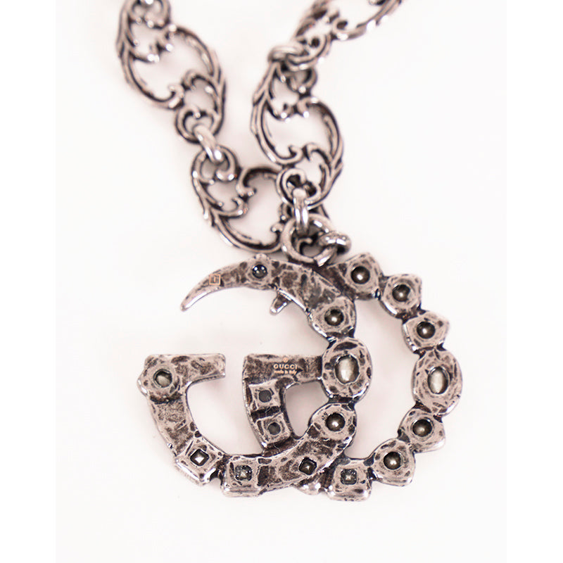 NEW $1190 GUCCI Aged Palladium CRYSTAL DOUBLE GG Silver Aged Finish NECKLACE NIB