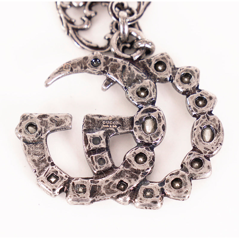 NEW $1190 GUCCI Aged Palladium CRYSTAL DOUBLE GG Silver Aged Finish NECKLACE NIB