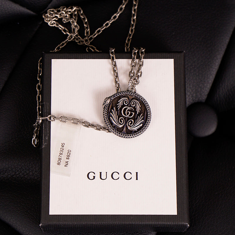 NEW $820 GUCCI GARDEN Aged Sterling Silver SNAKE OUROBOROS GG LOGO NECKLACE NWB