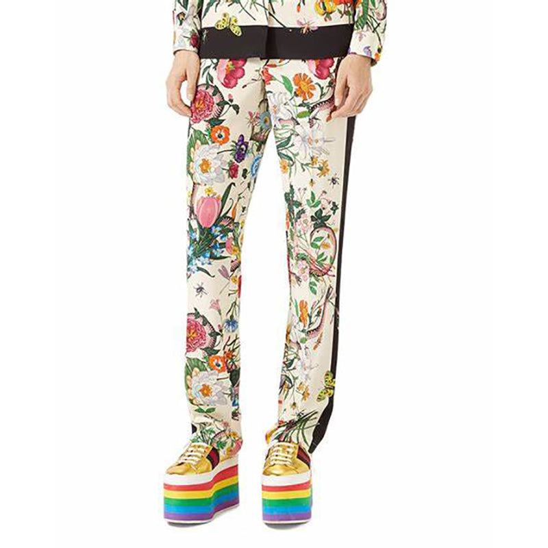 sz 40 NEW $1,300 GUCCI Ivory FLORA & Pink SNAKE PRINT Silk TROUSERS PANTS NWT