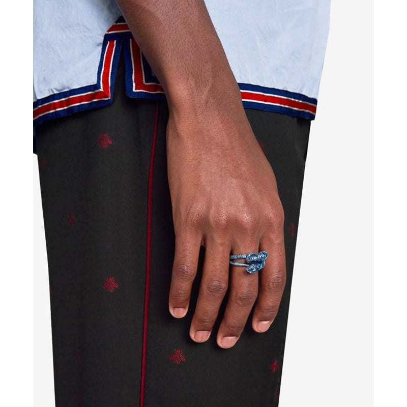 US 7.5 NEW $395 GUCCI GARDEN Sterling Silver Blue Enamel Intertwined SNAKE RING