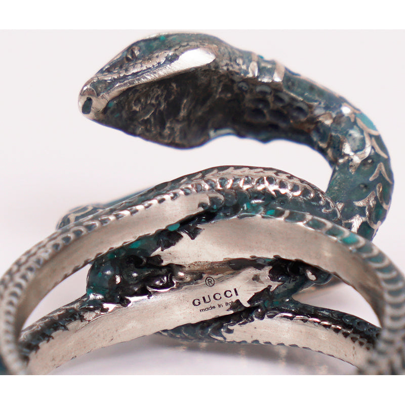 US 7.5 NEW $395 GUCCI GARDEN Sterling Silver Blue Enamel Intertwined SNAKE RING