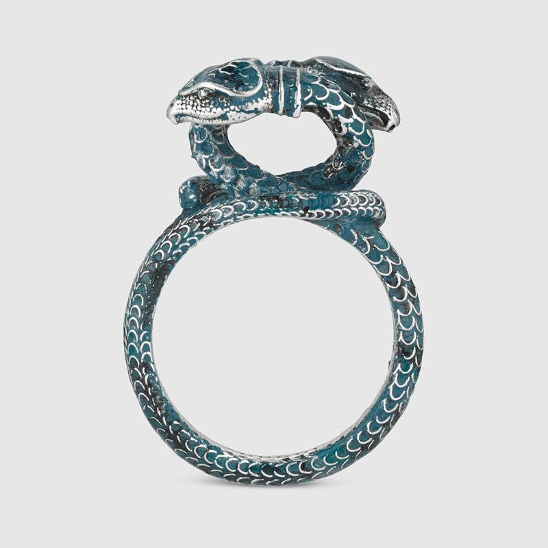 US 7.5 NEW $395 GUCCI GARDEN Sterling Silver Blue Enamel Intertwined SNAKE RING