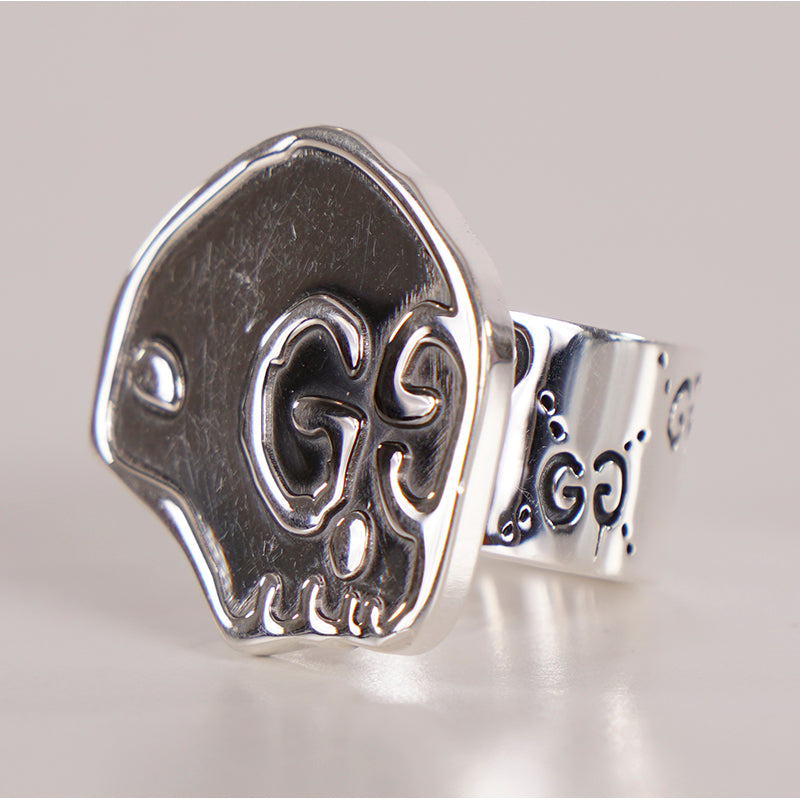 NEW $390 GUCCI Unisex Aged Sterling Silver GG Ghost Skull Collaboration RING