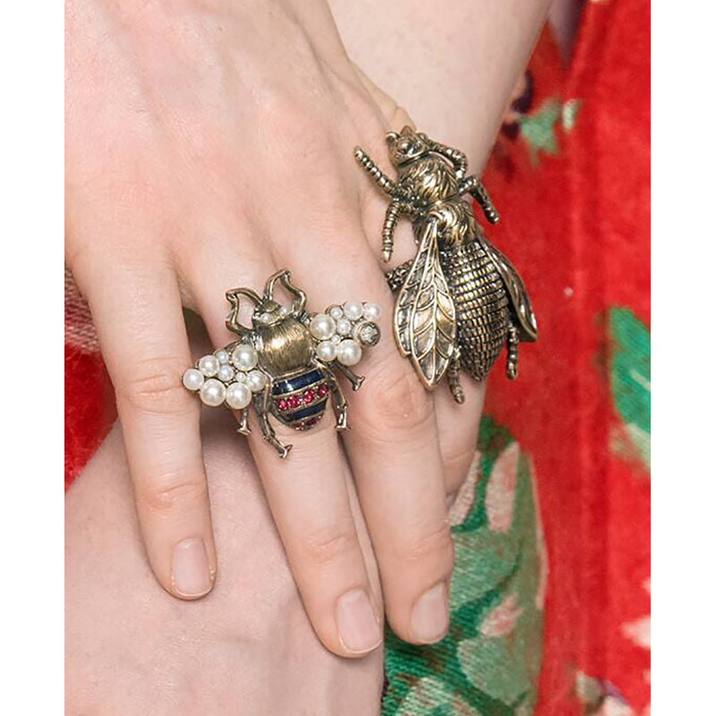 sz M (7/8) NEW $580 GUCCI Aged Gold Tone BEE Motif GLASS PEARL Covered Wing RING